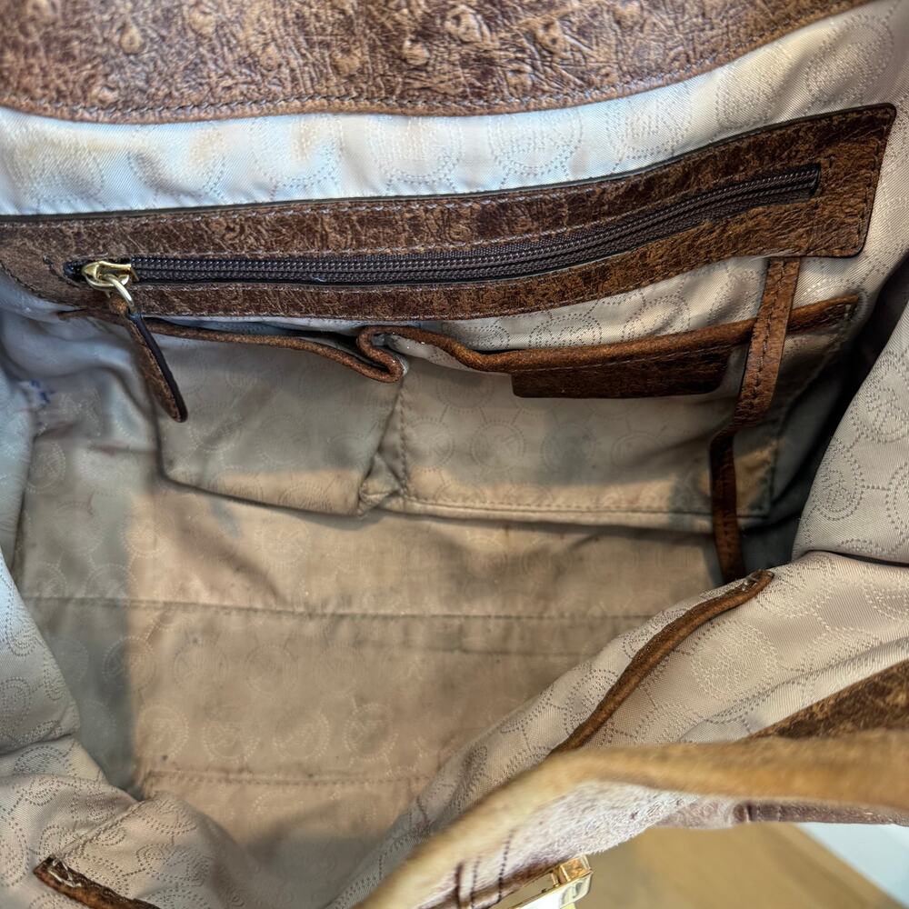 Michael Kors Distressed Ostrich Embossed Leather Shoulder Tote Bag Walnut Brown - Picture 11 of 12